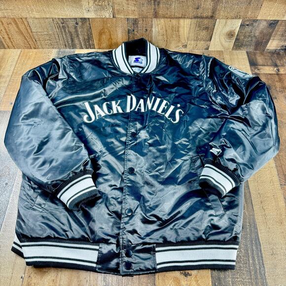 JACK DANIELS Black Satin Bomber STARTER Jacket Mens 2XL Tennessee Whiskey EX - Picture 1 of 12